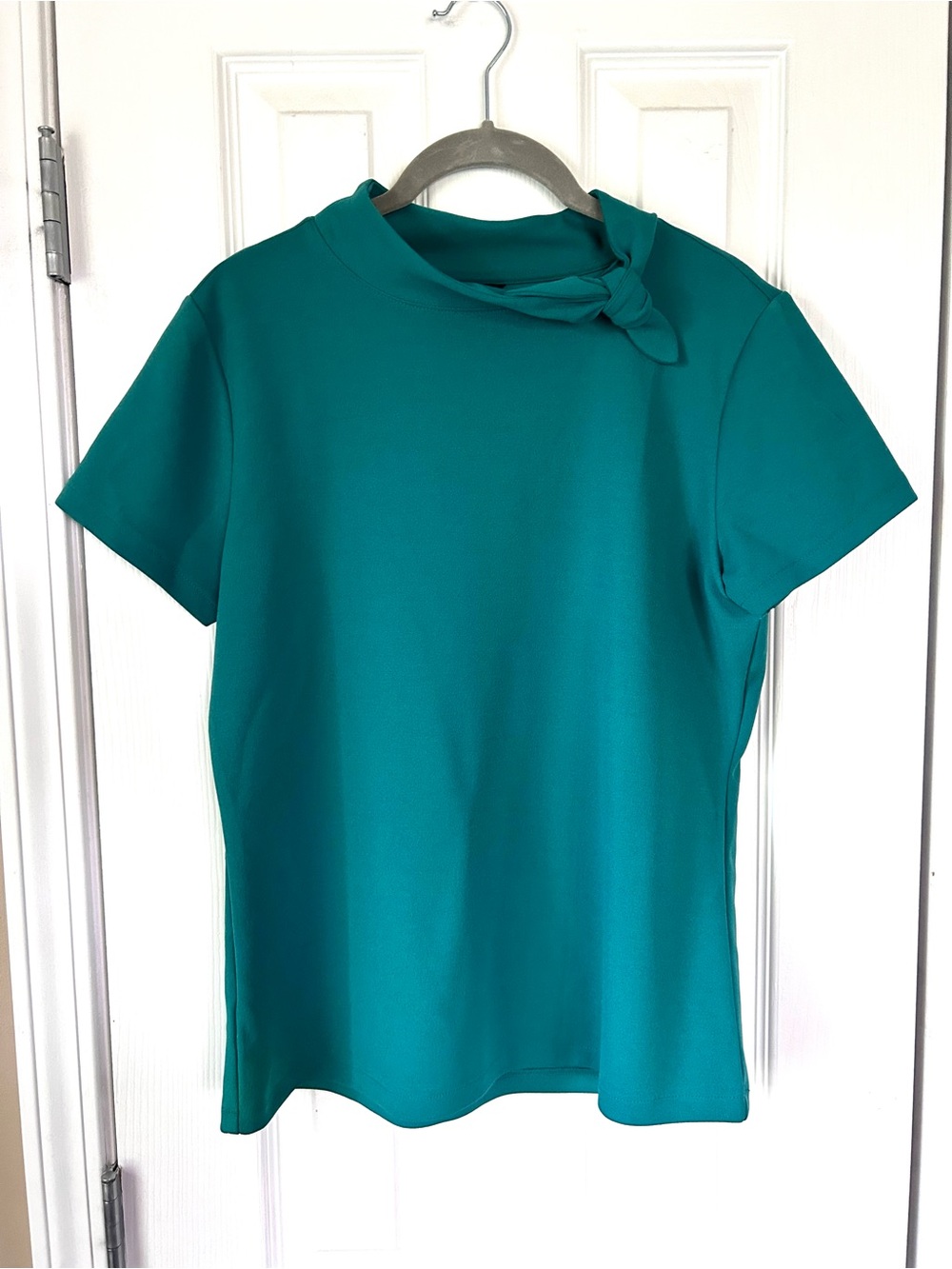 Ann Taylor Teal Bow Neck Short Sleeve Blouse Size S